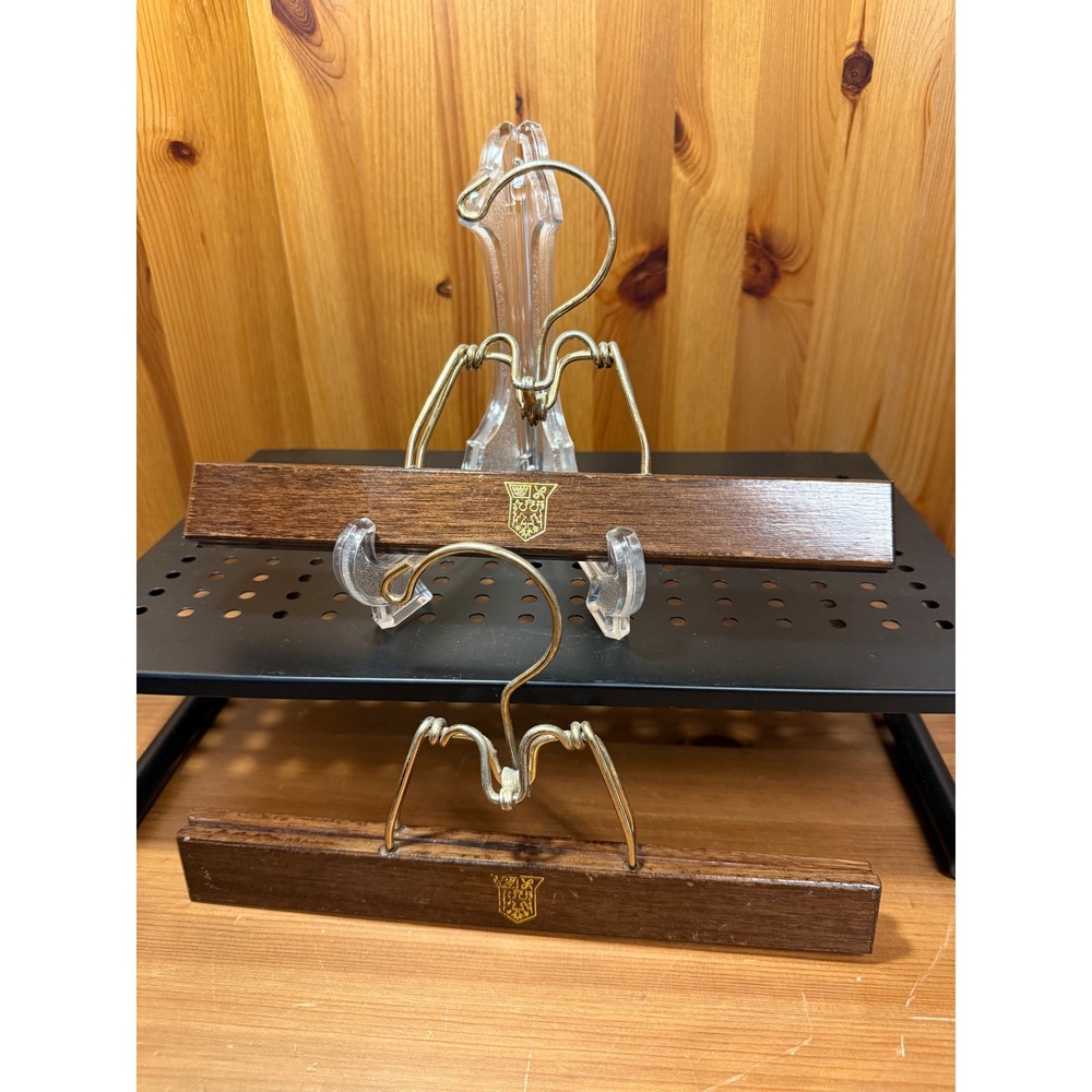 Vintage Wood & Brass Pants Skirt Hangers Set of 2 Crest Logo Clamp Style
